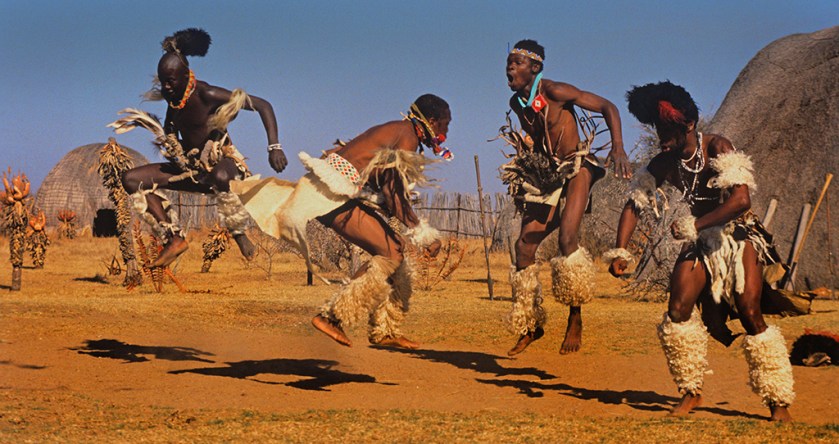 Many African dances involve jumping including ritual dances of the Zulu. In the background are the typical traditional Zulu huts and vegitation (aloes) of the higher regions of Kwazulu Natal, South Africa. Source: Hein Waschefort